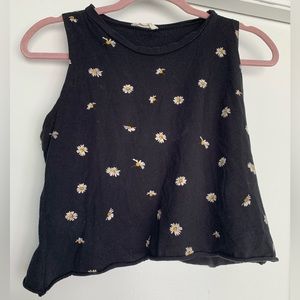 French Pastry crop sleeveless black daisy print top tank top size 100 % cotton